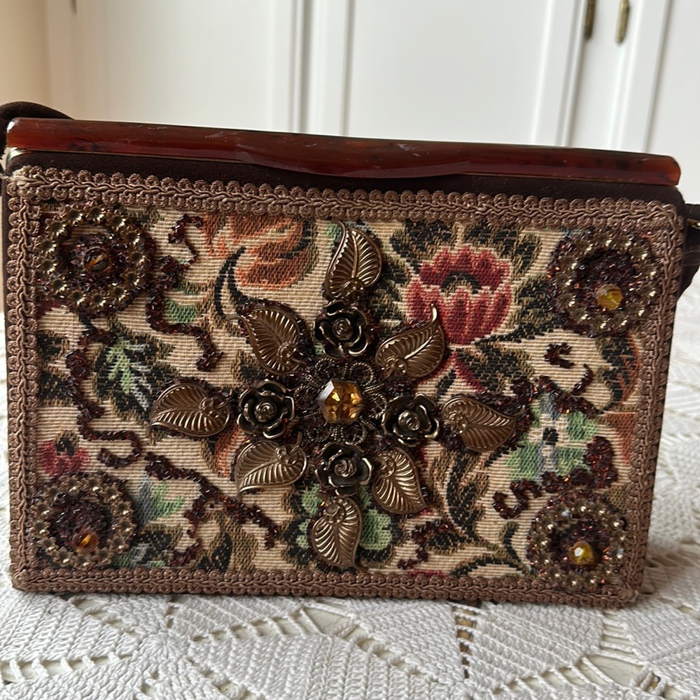 Caron of Houston Texas tapestry bag in lovely Fall colors.  Some wear on handle